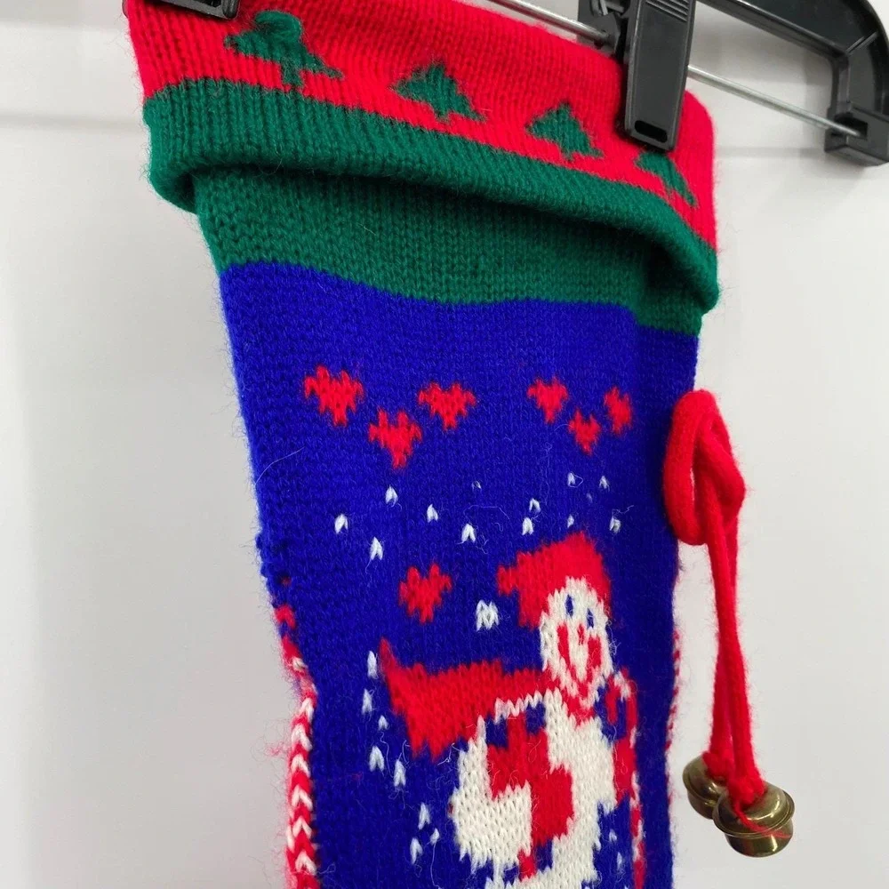 Christmas Stocking‎ Snowman Knit Red Green Blue Bells Hanging Holiday Decor VTG
